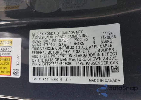 2024 Honda Civic Sport from USA, damaged, VIN 2HGFE2F52RH592098